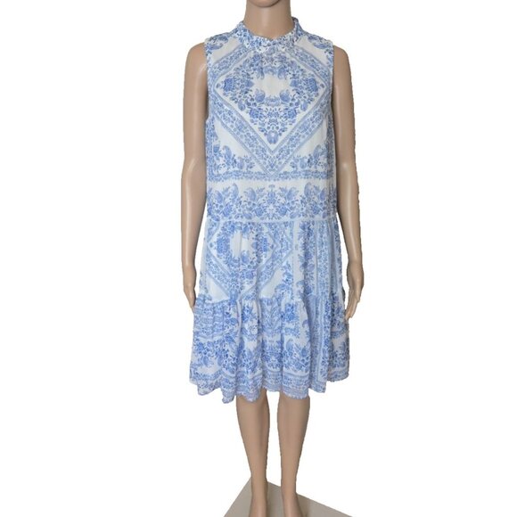 Calvin Klein Blue White Paisley Print Tiered Tie Mock Neck Shift Dress Size 8 - Picture 1 of 6